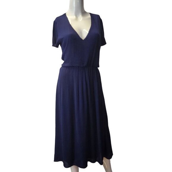 Wayf Navy Blue Blouson Midi Dress Rayon & Polyester Lined V-Neck Short Sleeves M - Picture 1 of 16